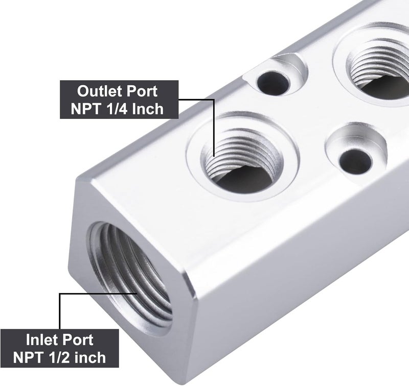 MARSTEK 2PCS Air Manifold, 5 Way 7 Port Air Compressor Manifold, Aluminum Air Hose Inline Manifold Block Splitter, Pneumatic Manifold Air Distribution Block, NPT 1/2 Inch Supply Port, NPT 1/4 Inch Output Port - Image 3